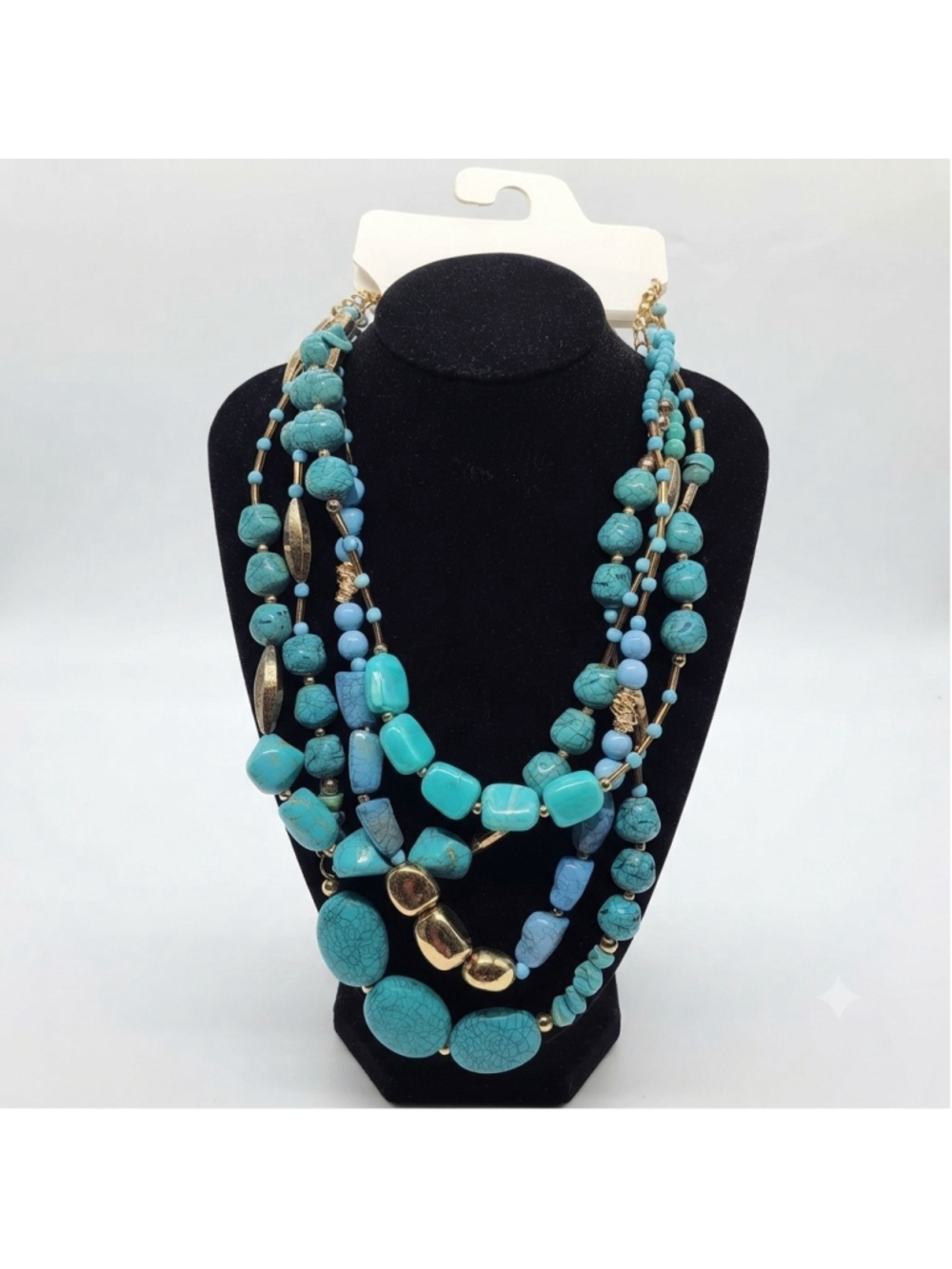 Kohl's Multi Strand Statement Necklace Turquoise Blue Beads Gold Tone Layer Boho